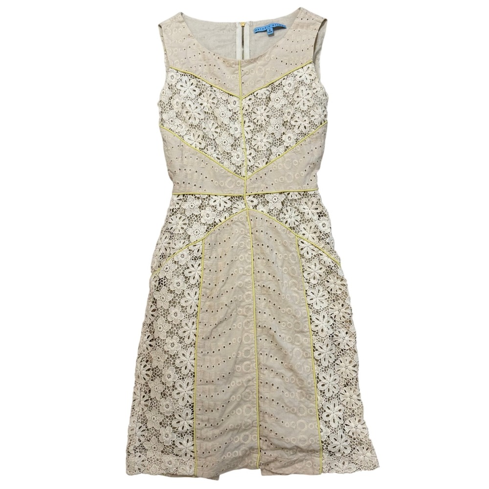 Antonio Melani Beige White Eyelet Crochet Lace Sheath Dress Yellow Piping Size 0